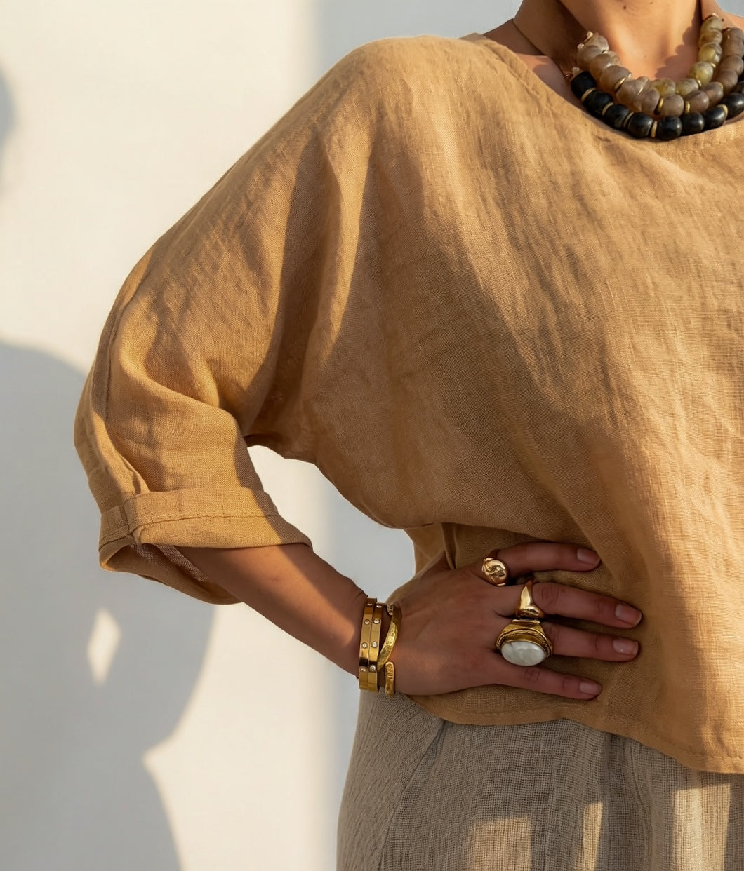 Zoe Short Linen Gauze CropTop Camel